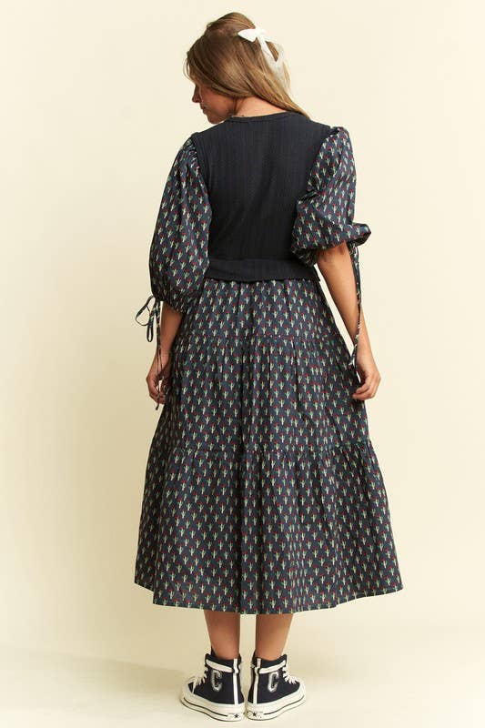 Floral Print Mixed Media Tiered Midi Dress (Curvy)