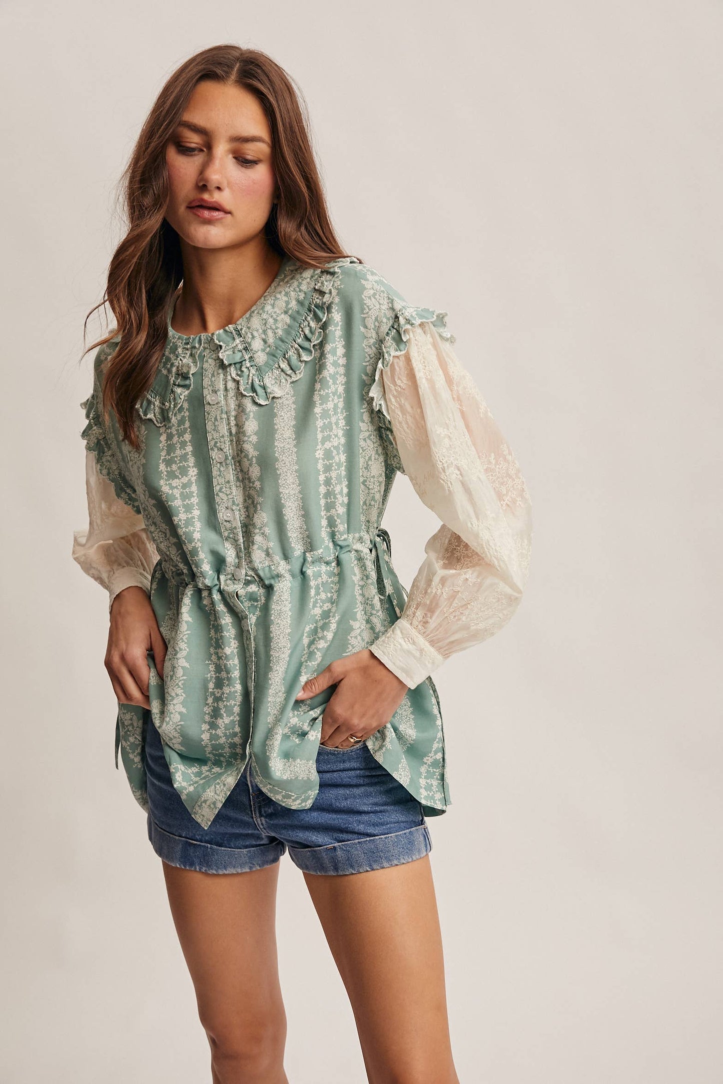 Floral Stripe Belted Blouse with Sheer Sleeves