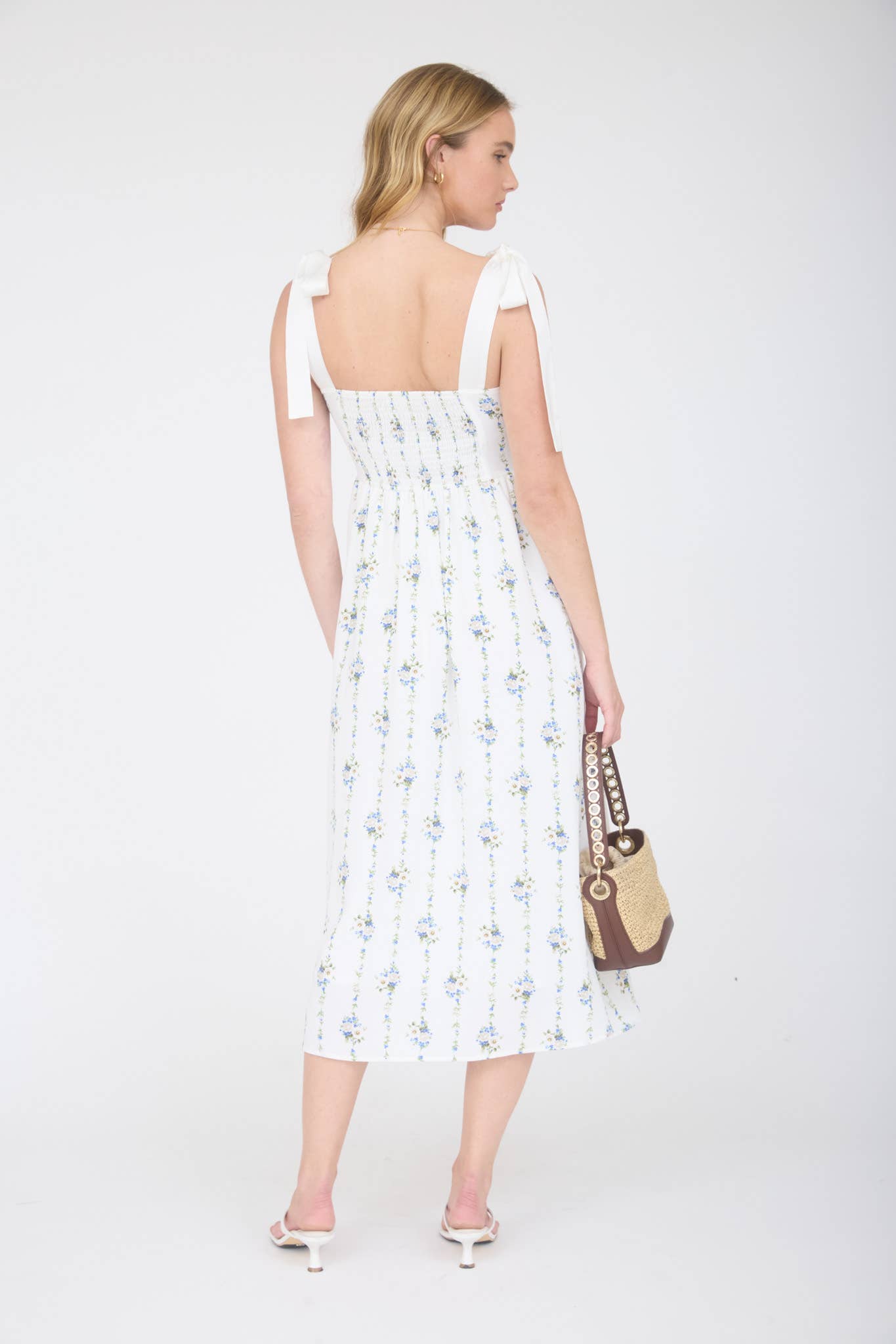 STRIPE FLORAL TIE STRAP CORSET MIDI DRESS