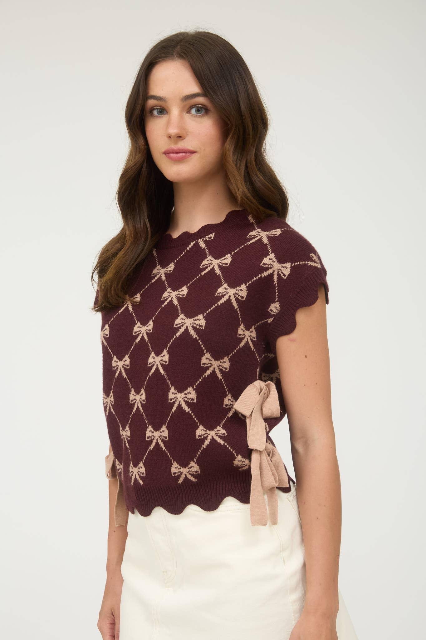 Burgandy Bow Knit Vest Sweater - Scalloped Edge Sleeveless Top