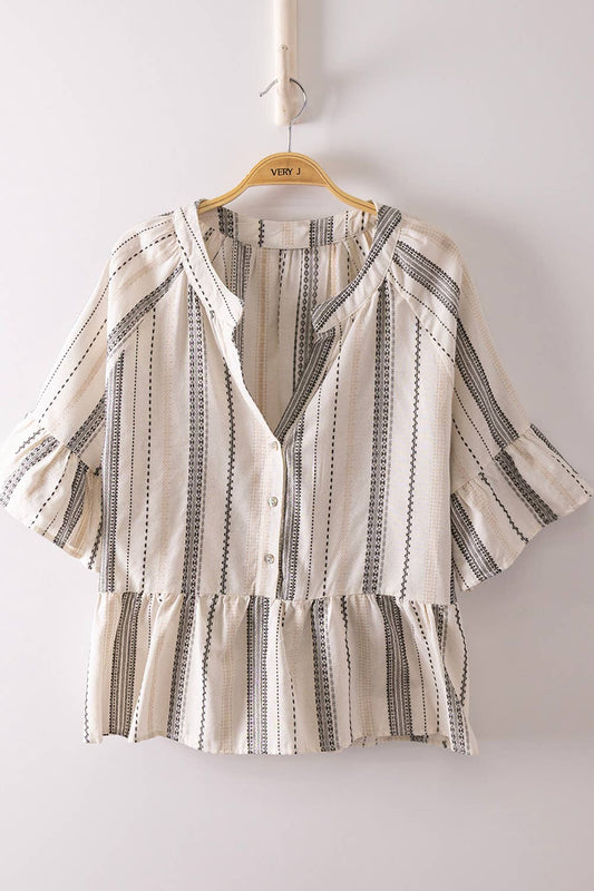 Striped Half Bell Sleeve Blouse Top (Curvy)
