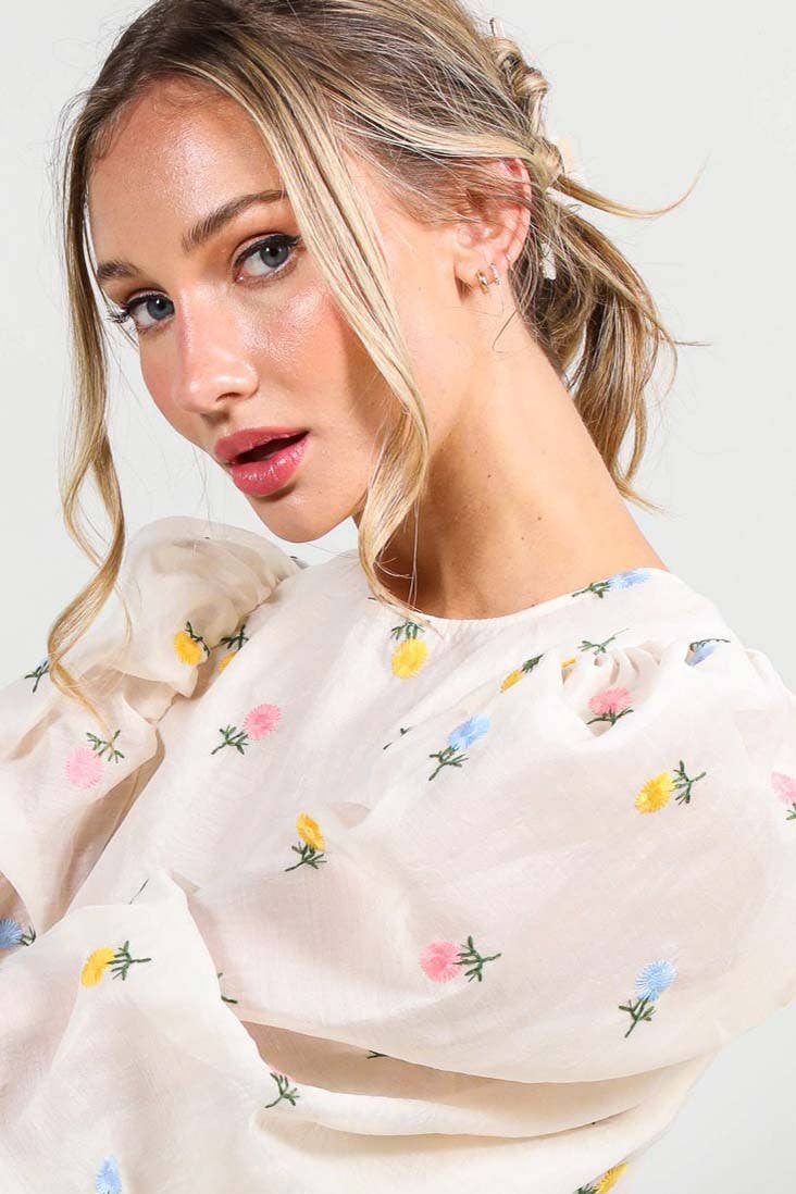 Chic Sheer Organza Blouse with Ditsy Floral Embroidery & Puffy Balloon Sleeves