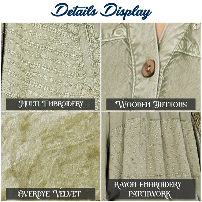 Bohemian Embroidered Velvet Patchwork Tunic Top - Olive Green