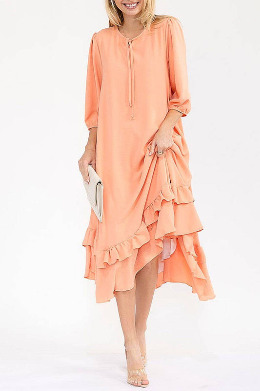 RUFFLE BOTTOM HEM FRONT POCKETS LOOSE FIT MAXI DRESS