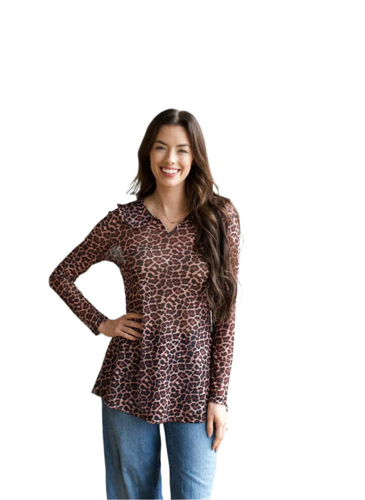 Cheetah Collar Mesh Top
