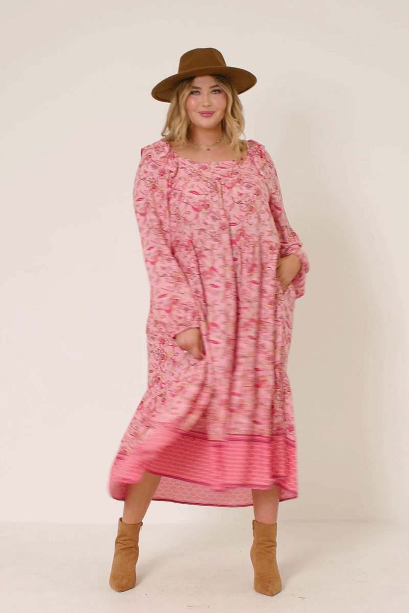 Pink Floral Tiered Midi Dress | Smock Style with Balloon Sleeves