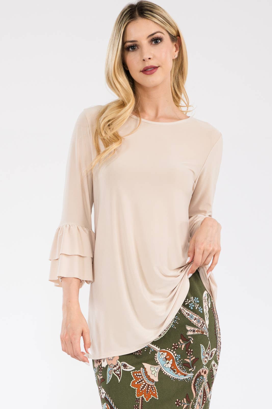 Elegant Layered Ruffle 3/4 Bell Sleeve Modest Dressy Blouse