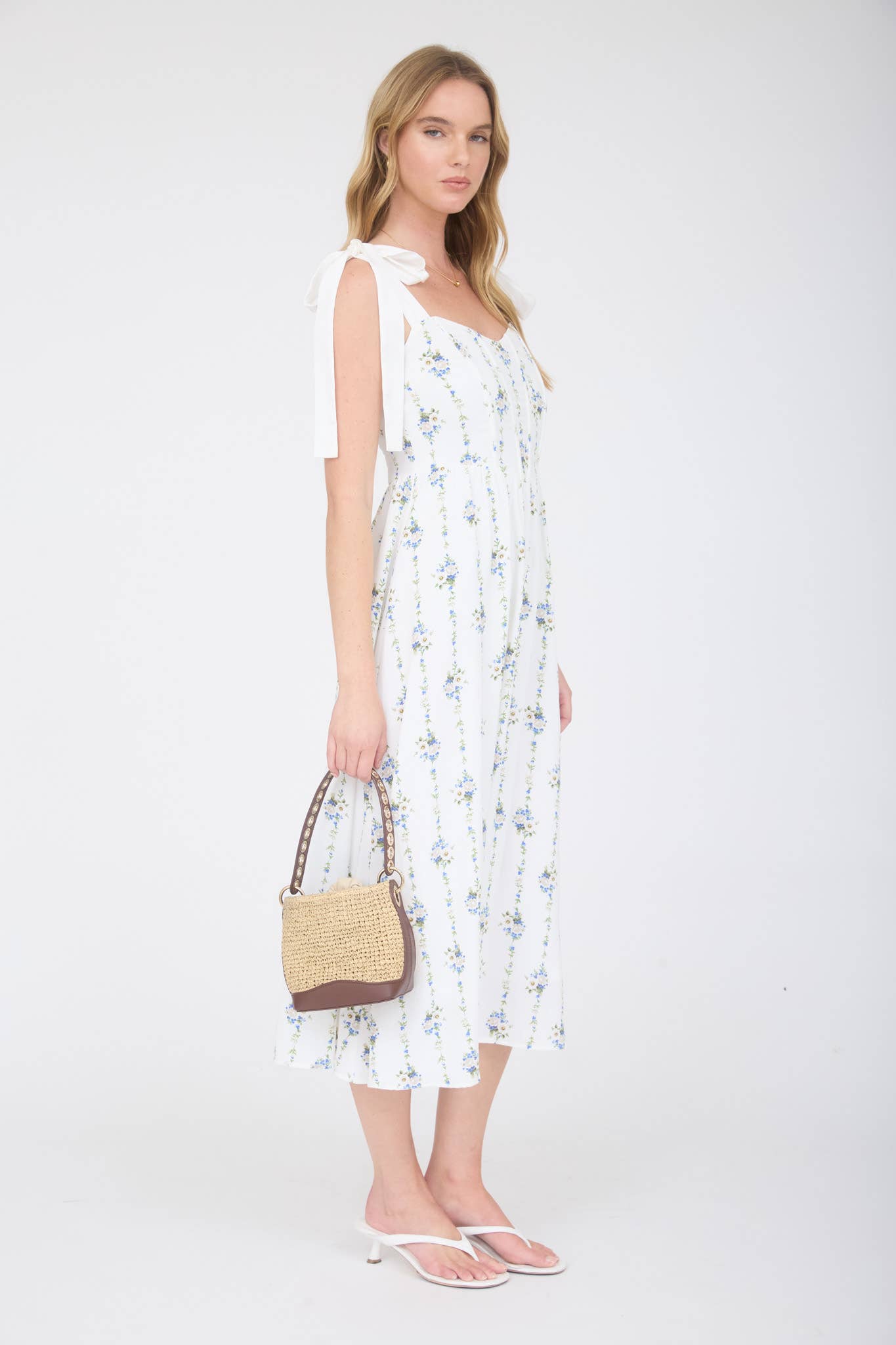 STRIPE FLORAL TIE STRAP CORSET MIDI DRESS