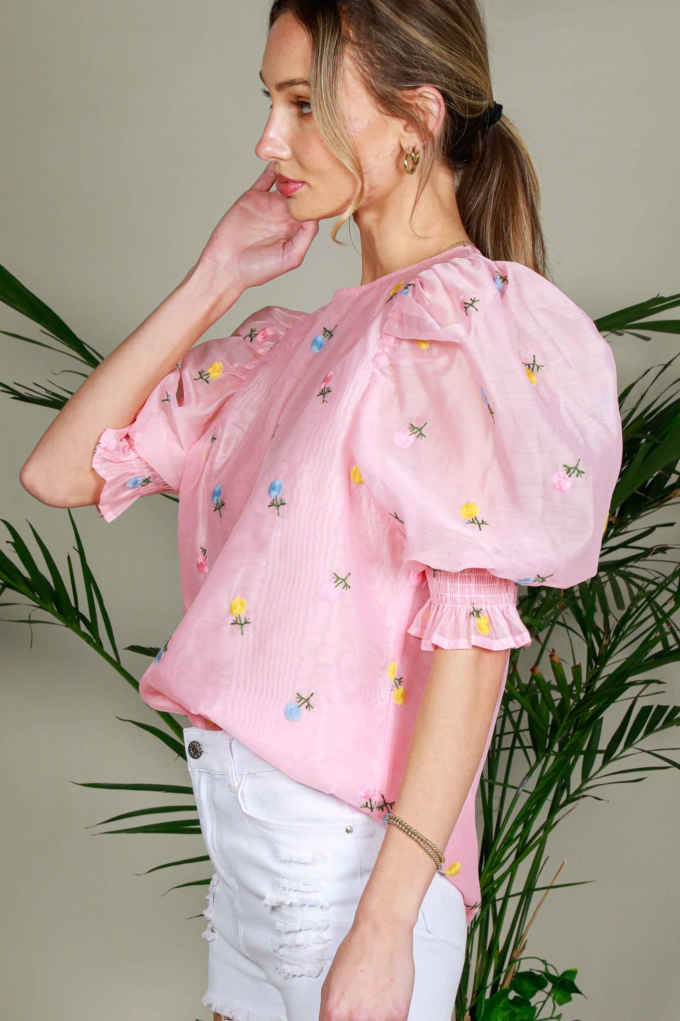 Chic Sheer Organza Blouse with Ditsy Floral Embroidery & Puffy Balloon Sleeves