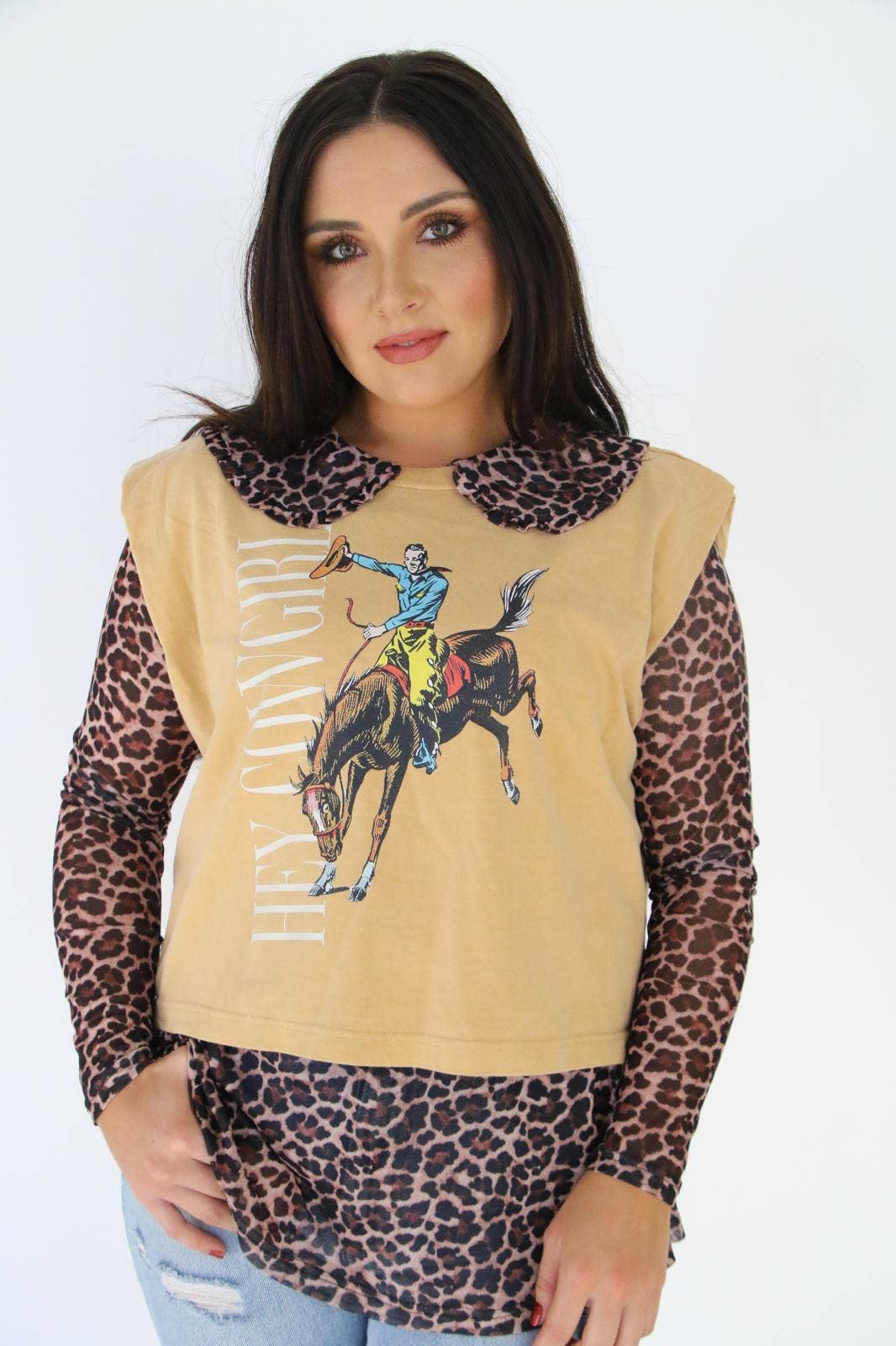 Cheetah Collar Mesh Top