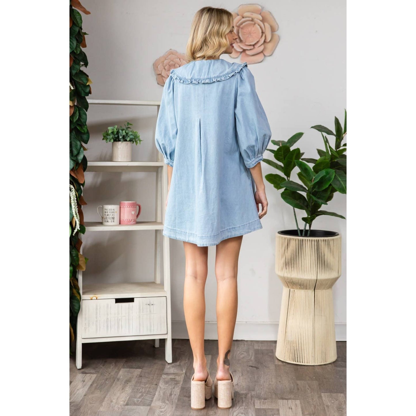 Ruffle V-Neck Denim Mini Dress with Tie Collar