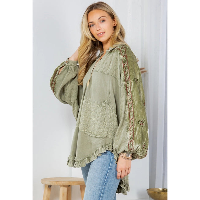 Bohemian Embroidered Velvet Patchwork Tunic Top - Olive Green