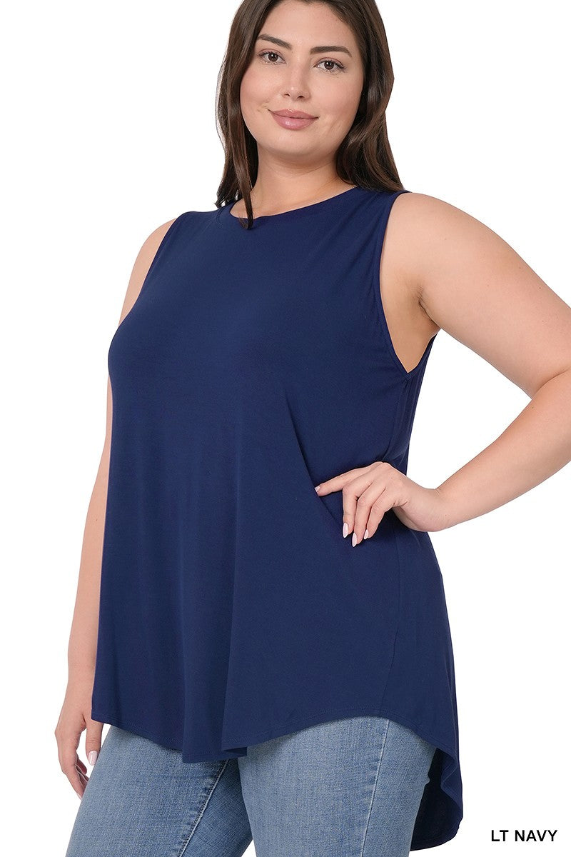 Plus Size Sleeveless Tunic Top - Luxe Rayon High-Low Hem
