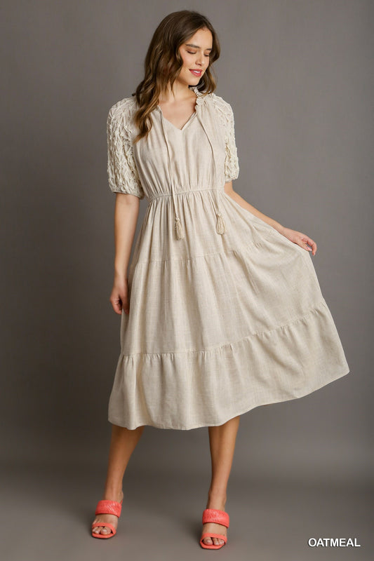 Chic Linen-Blend Tiered Midi Dress with Crochet Puff Sleeves - Boho Summer Style