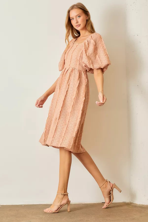 Blush Lace Puff Sleeve Midi Dress with Pockets | Square Neck A-Line