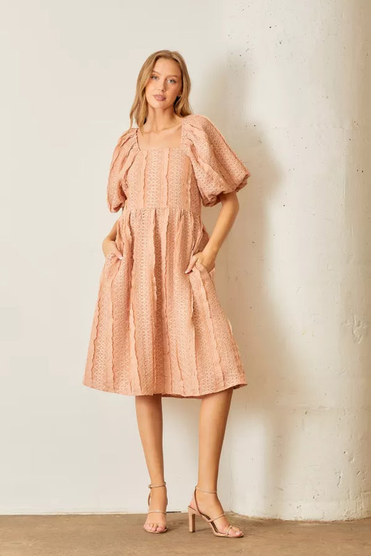 Blush Lace Puff Sleeve Midi Dress with Pockets | Square Neck A-Line