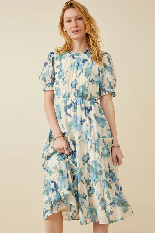 Romantic Floral Puff Sleeve Tiered Midi Dress - Smocked Waistline