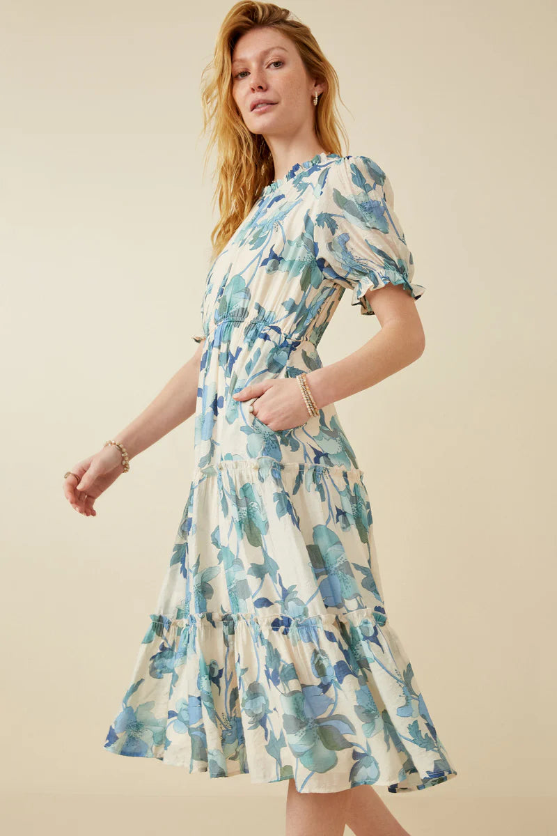 Romantic Floral Puff Sleeve Tiered Midi Dress - Smocked Waistline