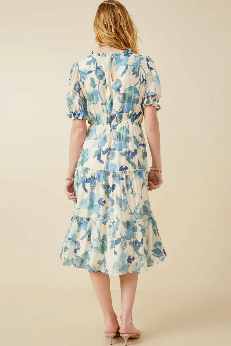 Romantic Floral Puff Sleeve Tiered Midi Dress - Smocked Waistline