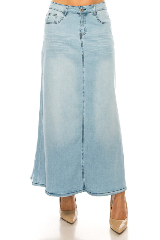 Plus Size Light Wash A-Line Stretch Denim Maxi Skirt