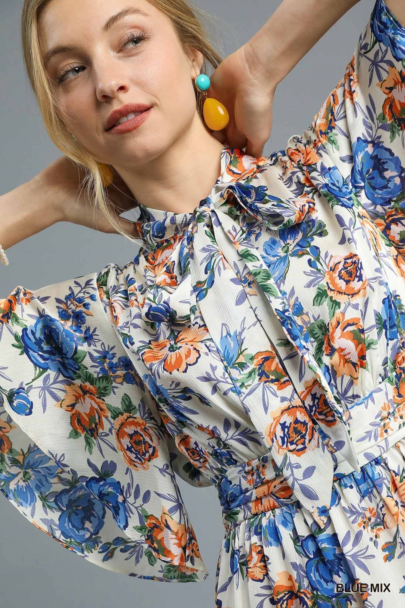 Women's Floral Fit & Flare Flutter Sleeve Midi Dress