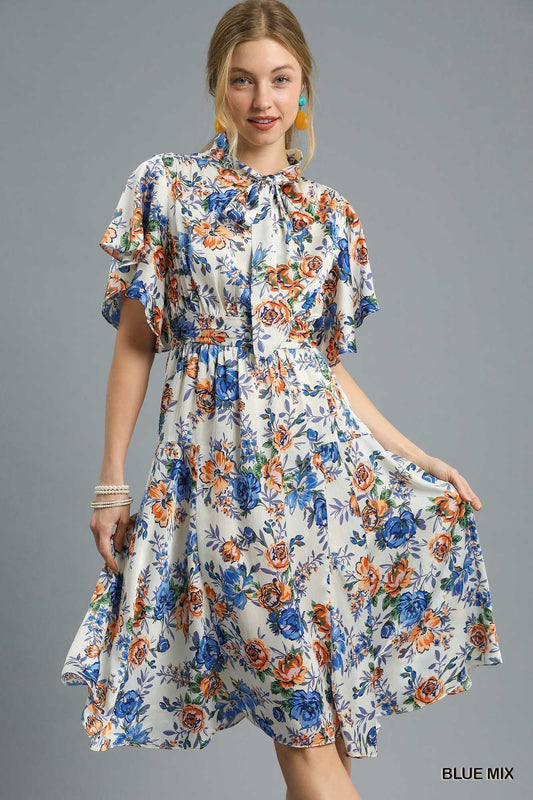 Flutter Sleeve Bow Tie Floral Midi Dress