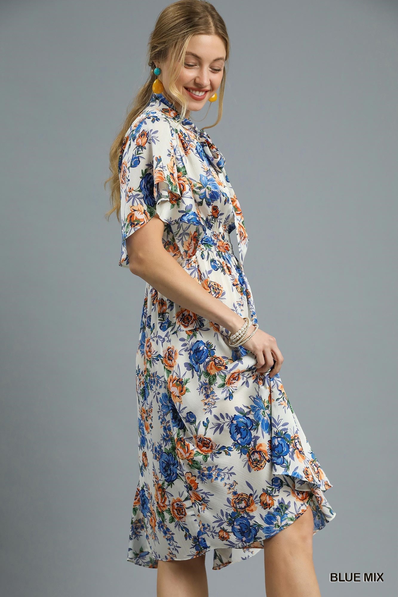 Women's Floral Fit & Flare Flutter Sleeve Midi Dress