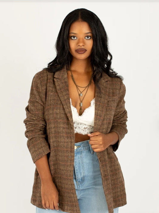 Chic Oversized Brown Tweed Blazer for Women | Vintage Plaid Boyfriend Jacket
