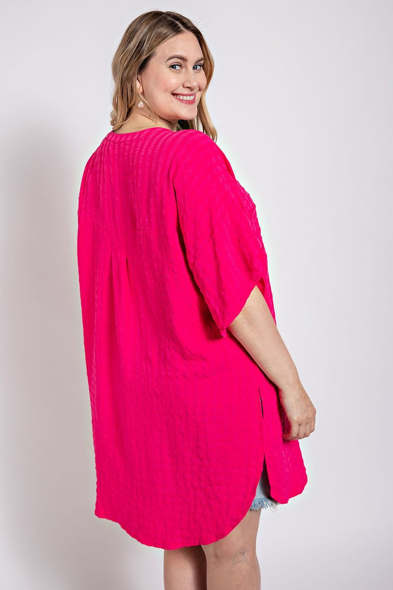 Plus Size Textured Woven Tunic Top - Side Slit & Roll-Up Sleeves