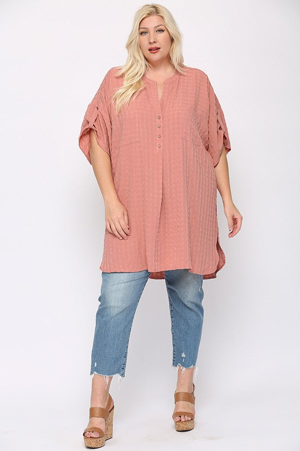 Plus Size Woven Tunic Top for Women | Casual Cotton Blend Shirt with Side Slits