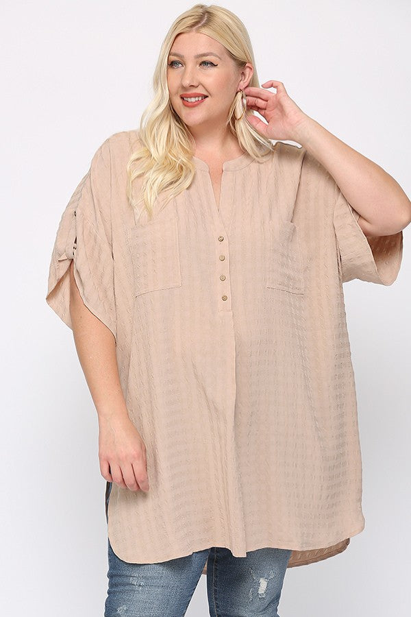 Plus Size Woven Tunic Top for Women | Casual Cotton Blend Shirt with Side Slits