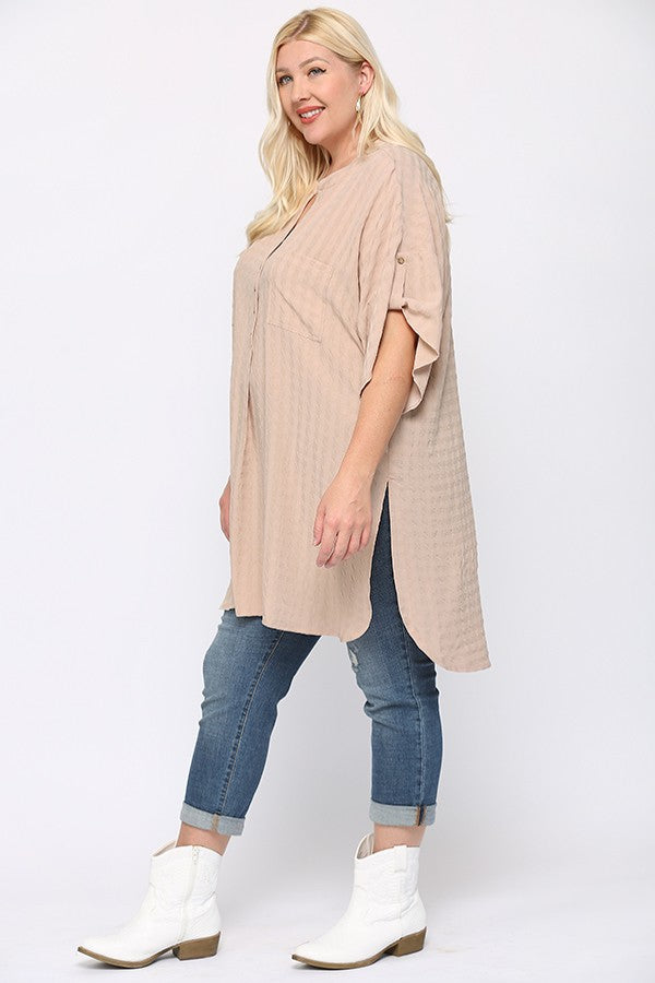 Plus Size Woven Tunic Top for Women | Casual Cotton Blend Shirt with Side Slits