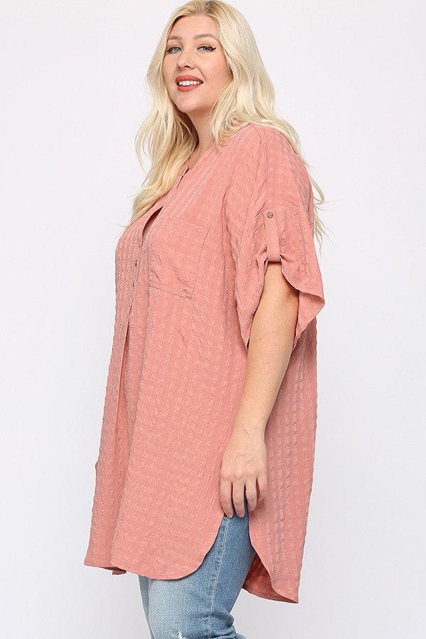 Plus Size Woven Tunic Top for Women | Casual Cotton Blend Shirt with Side Slits