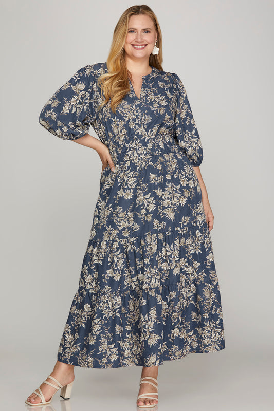 Dusty Blue Floral Dress (Curvy)