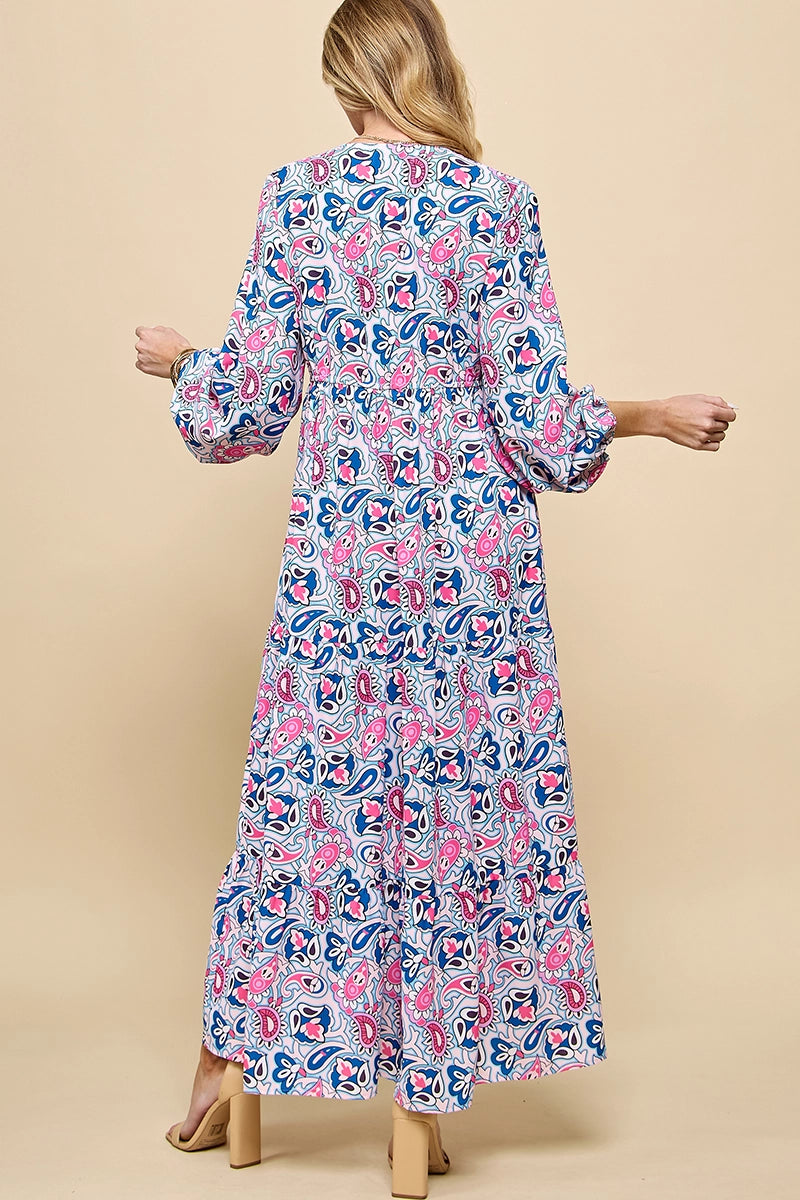 Boho Paisley Tiered Maxi Dress | Pink & Blue V-Neck Vacation Dress