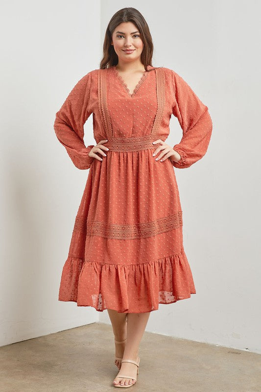 A-Line Woven Long Sleeve Midi Dress for Women - Elegant Casual