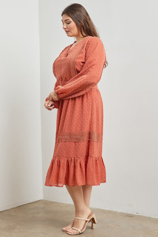 A-Line Woven Long Sleeve Midi Dress for Women - Elegant Casual