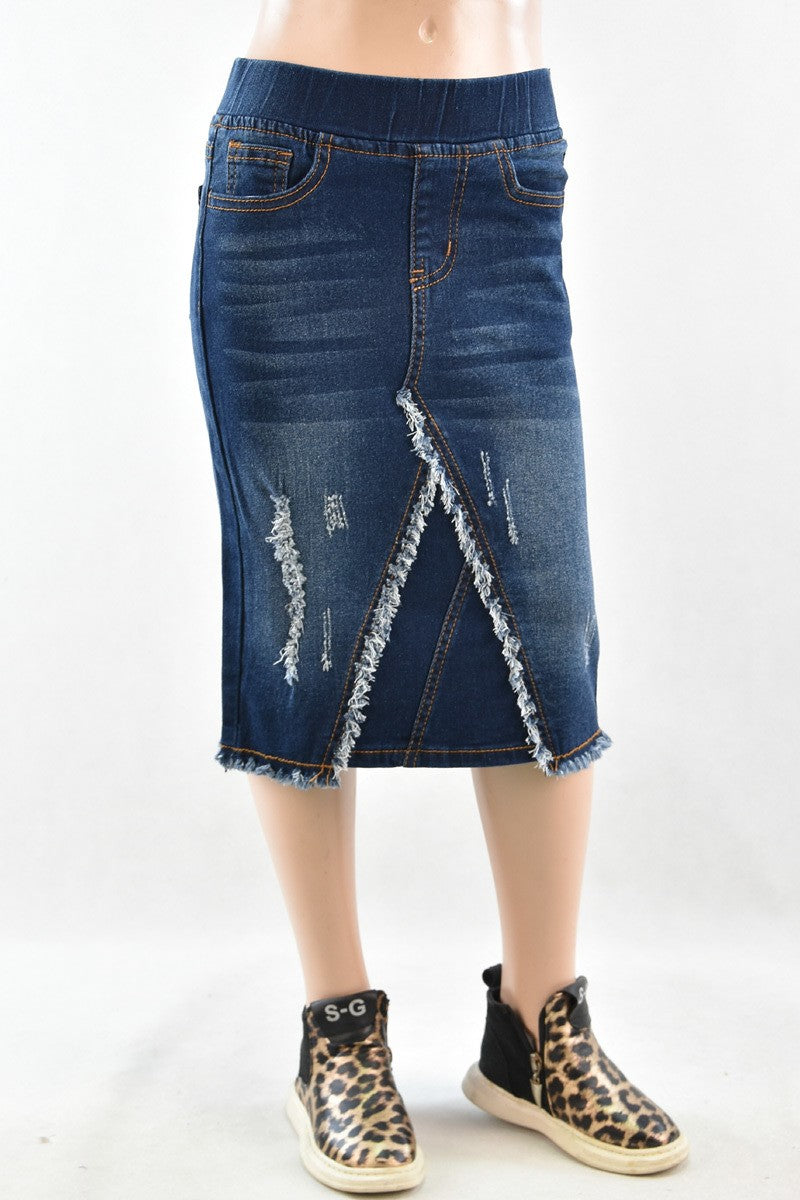 Girls Distressed Stretch Denim Skirt - Kids Fashion