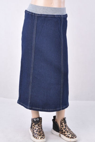 Girls' Modest Stretch Denim Maxi Skirt - Long Jean Skirt with Elastic Waist