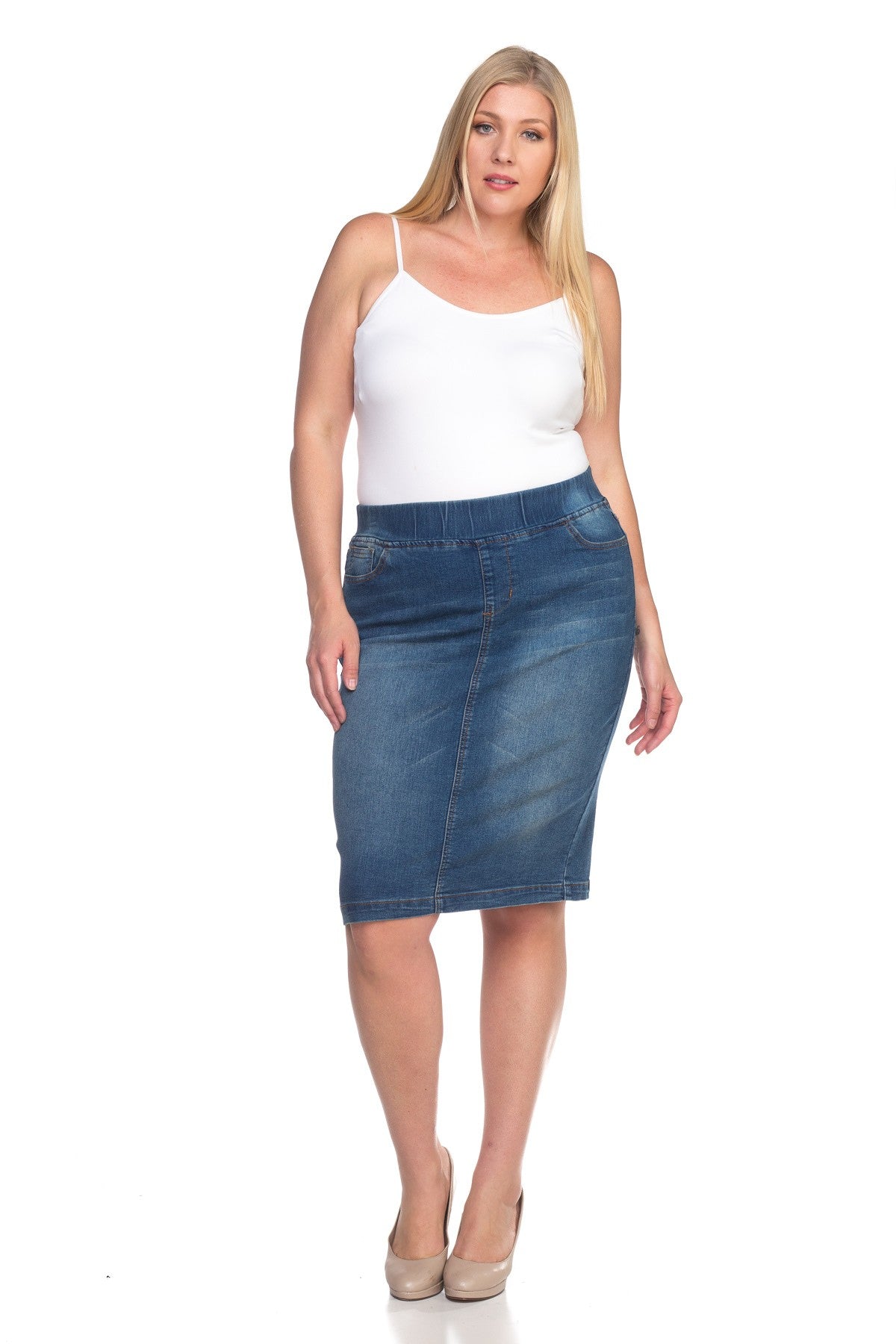 Hazel Plus Size Stretch Denim Pencil Skirt | Midi 4 Slit