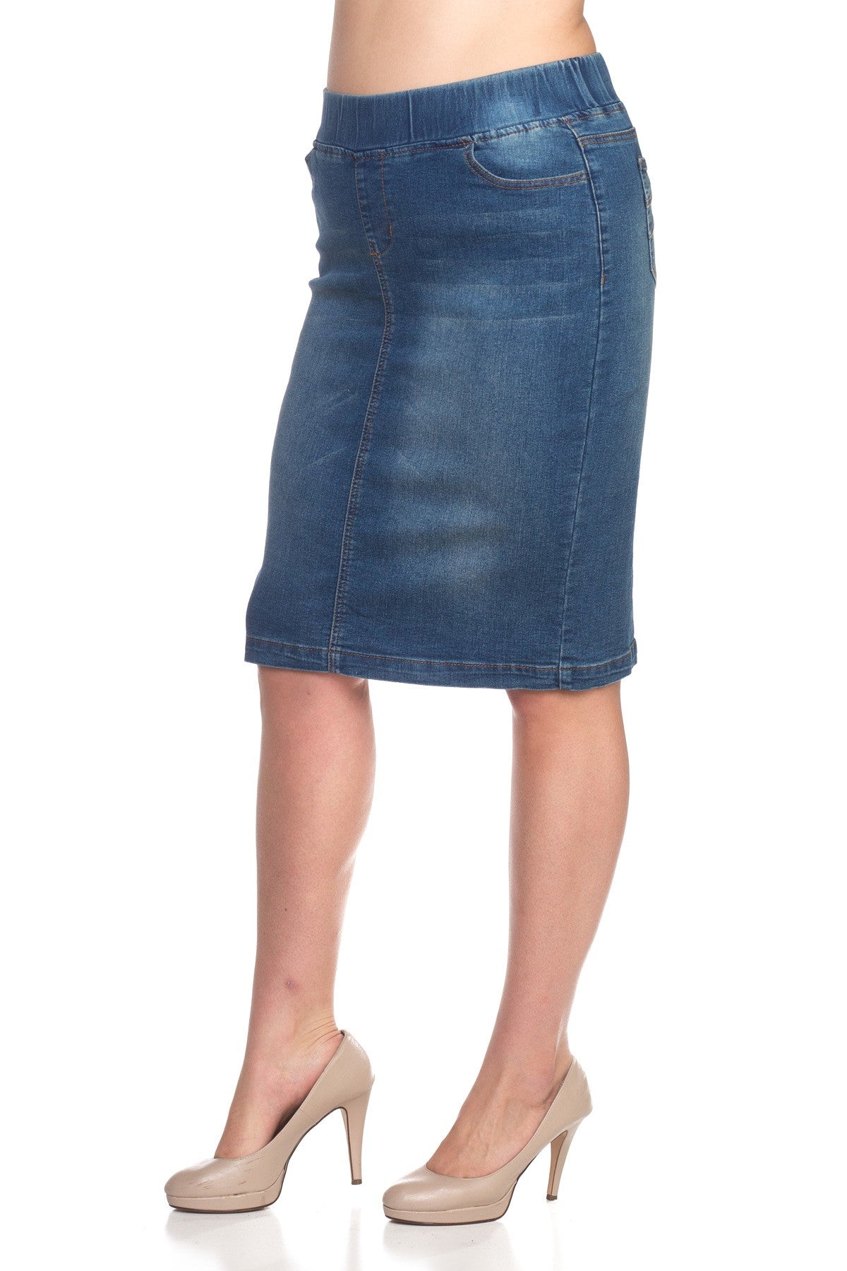 Hazel Plus Size Stretch Denim Pencil Skirt | Midi 4 Slit