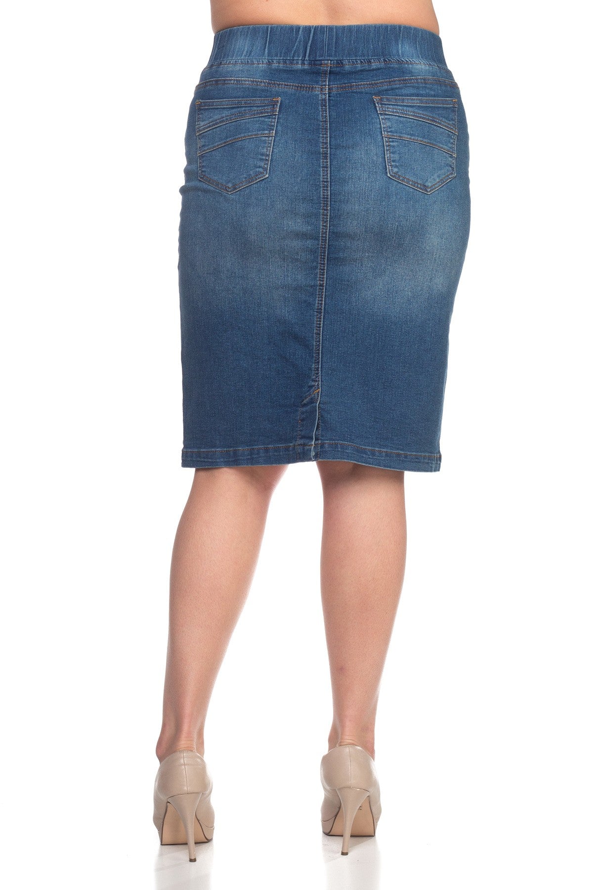 Hazel Plus Size Stretch Denim Pencil Skirt | Midi 4 Slit