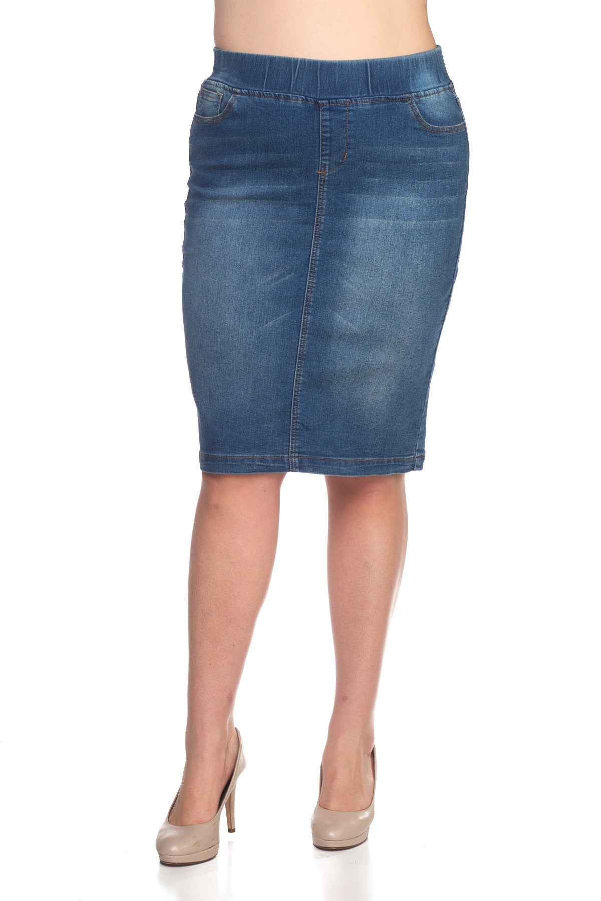 Hazel Plus Size Stretch Denim Pencil Skirt | Midi 4 Slit