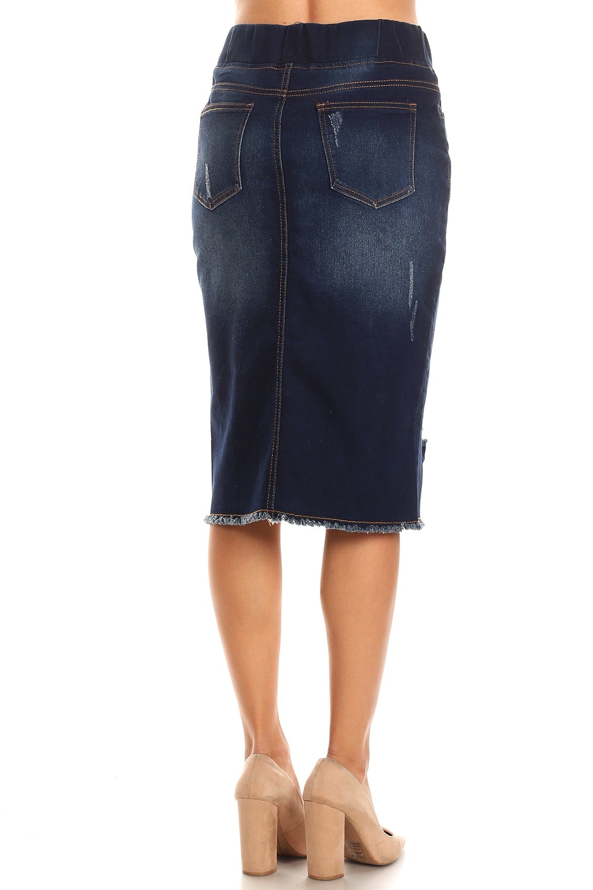 Pull On Distressed Denim Skirt