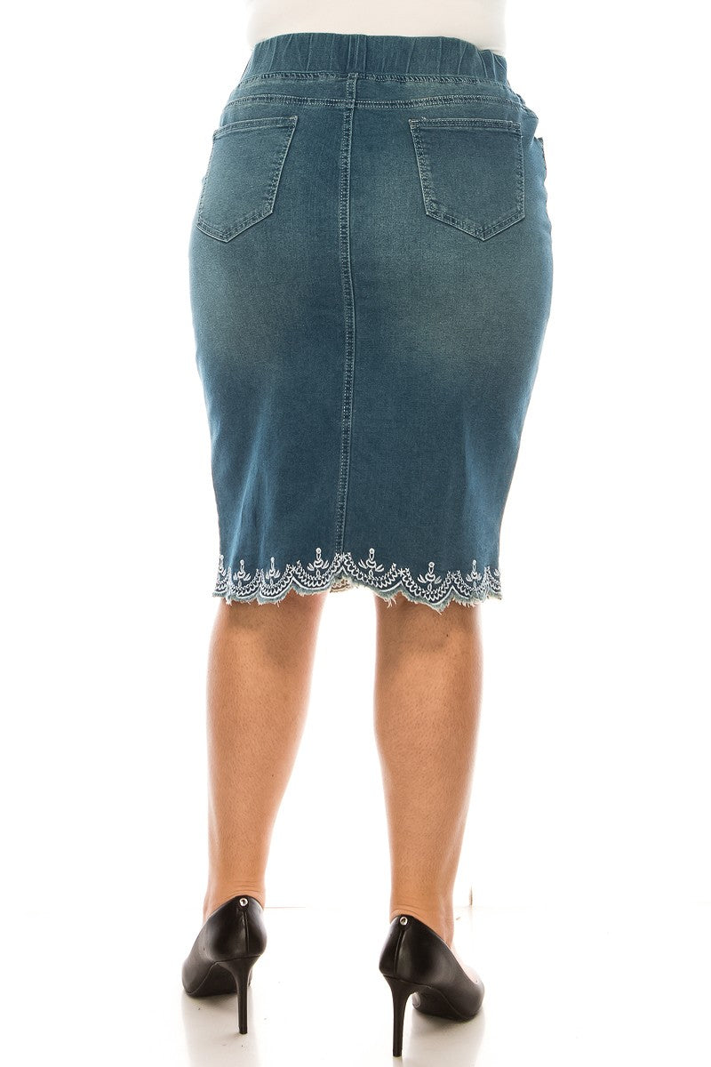 Plus Size Stretch Denim Skirt - Cassie Scalloped Knee Length