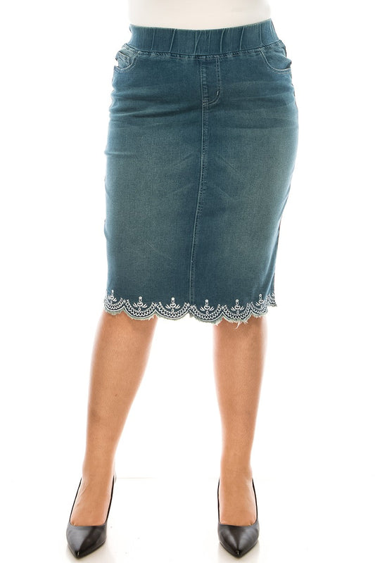 Plus Size Stretch Denim Skirt - Cassie Scalloped Knee Length