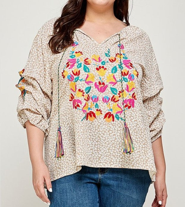 Embroidery Tuck Sleeve Top Plus