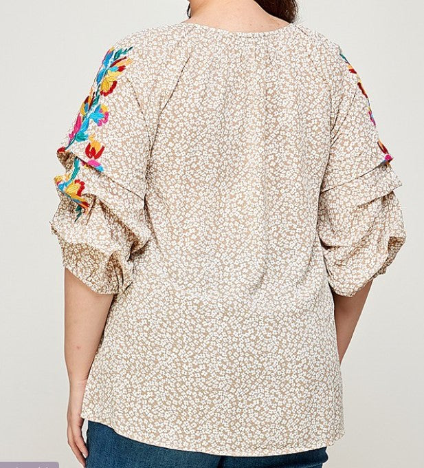 Embroidery Tuck Sleeve Top Plus