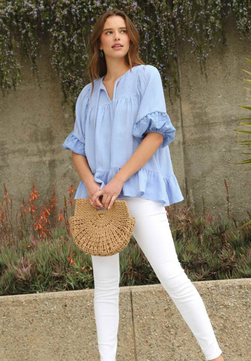 Airy Cotton Gauze Babydoll Tunic Top - 3/4 Sleeve