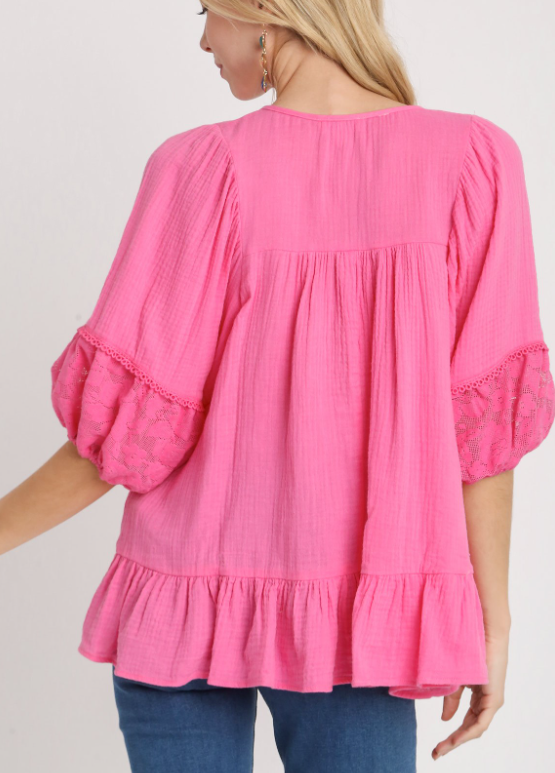 Airy Cotton Gauze Babydoll Tunic Top - 3/4 Sleeve